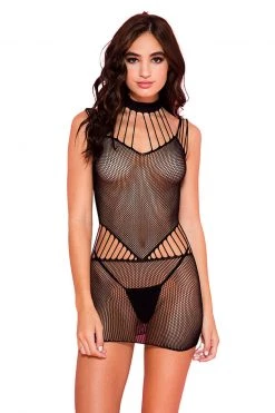 Music Legs Black Fishnet Mini With Strappy Neck And Mid Section