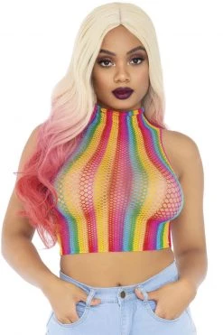 Leg Avenue Rainbow Fishnet High Neck Crop Top