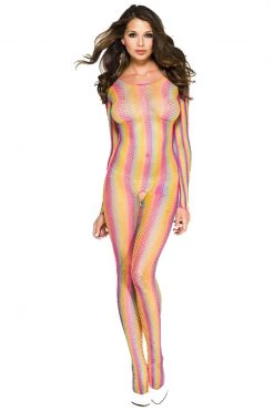 Music Legs Rainbow Striped Fishnet Body Stocking
