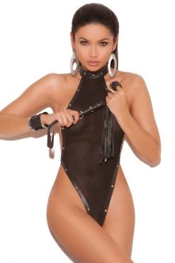 Elegant Moments Halter Fishnet And Leather Teddy