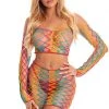 Pink Lipstick Rainbow Net Crop Top And Skirt