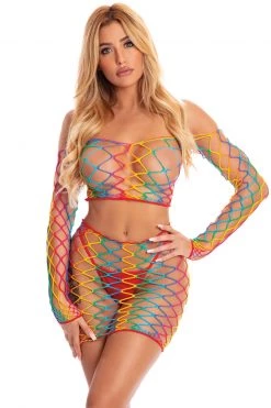 Pink Lipstick Rainbow Net Crop Top And Skirt