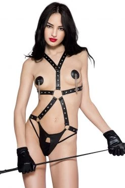 Music Legs Black Wet Look Body Harness Teddy Lingerie