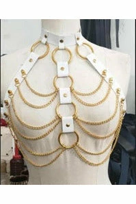 Daisy Corsets USA White Leather Body Harness With Gold Hardware