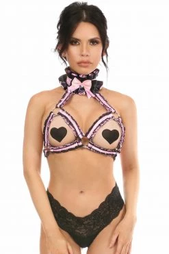 Daisy Corsets USA Pink Bra Top Body Harness With Black Lace