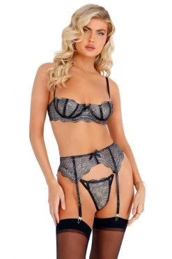 Roma Costume Metallic Lace Bra And Garter Set