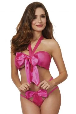 Dreamgirl Fuchsia Pink Satin Bow Bralette & Panty