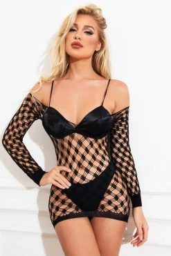 3WISHES Wide Net Long Sleeve Chemise -Fishnet Lingerie shop unnamed file 882